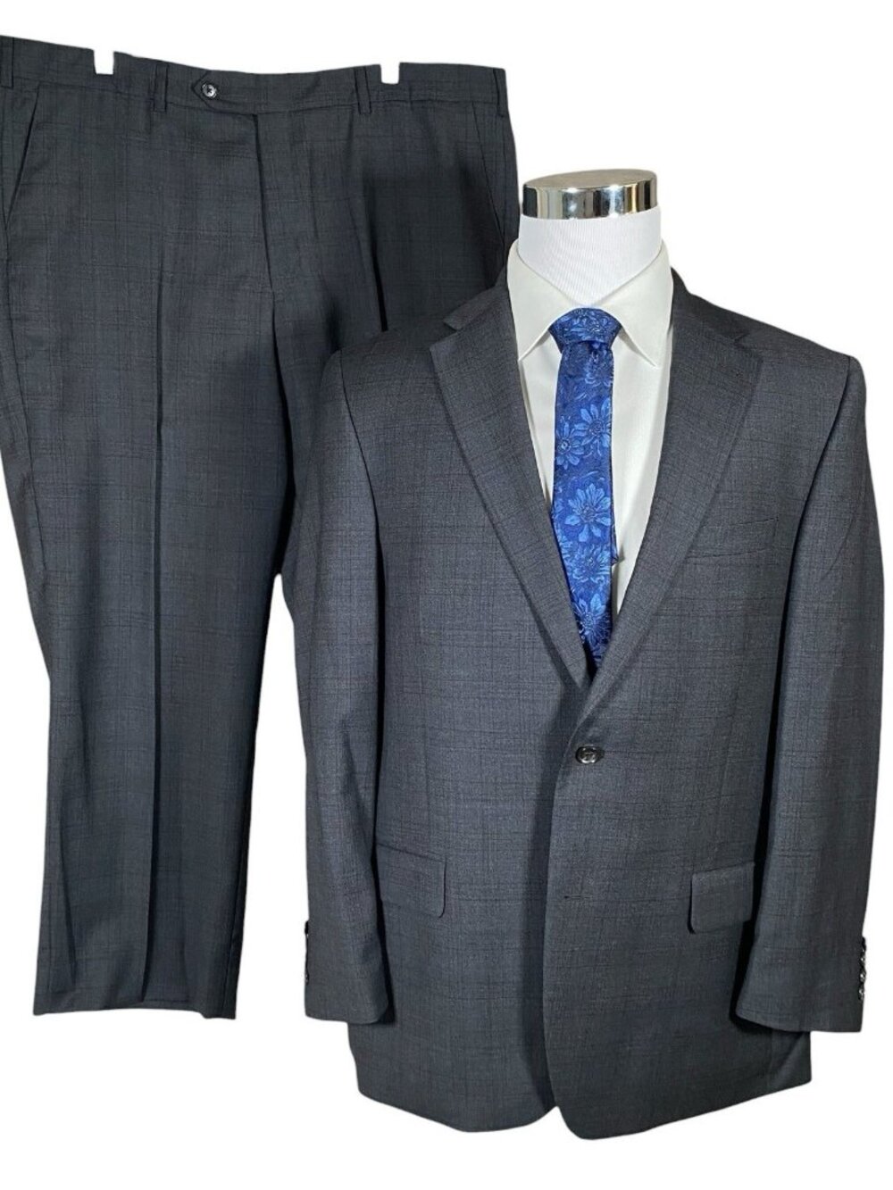 Patrick James 2 Piece Suit 44R Performance Technical Fabric Charcoal Grey Plaid